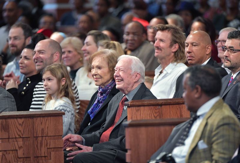 President Jimmy Carter, wife Rosalynn, and members of their family attend the Sunday morning service at Ebenezer Baptist Church in 2018. (Hyosub Shin / hshin@ajc.com)
