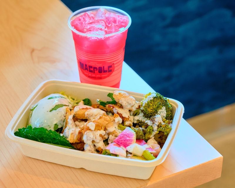Maepole's Spring Forward seasonal chef special with super greens, broccoli, chopped salad, chicken, avocado and buttermilk paired with Hibiscus Limeade. (Courtesy of Brandon Amato)