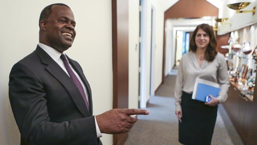 September 2, 2015 Atlanta: Mayor Kasim Reed (left) and press secretary, Jenna Garland (right). Mayor Kasim Reed boasts of a solid record with a good track history since his time in office as mayor of the City of Atlanta. While the mayor lists those accomplishments and the elected office and positions he has held prior to being elected the second youngest mayor to the office â€” he has his critics. JOHN SPINK / JSPINK@AJC.COM