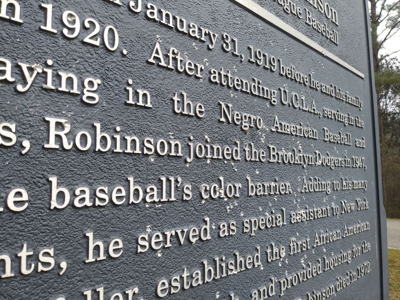 The historical marker recognizing the birthplace of African American baseball great Jackie Robinson was found riddled by gunfire the week of Feb. 14, 2021, in Grady County, Georgia. CONTRIBUTED