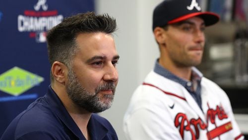 031522 North Port: Atlanta Braves GM Alex Anthopoulos introduces newly acquired All-Star first baseman Matt Olson, signed to an eight-year, $168 million deal that runs through the 2029 season, at his press conference during Spring Training at CoolToday Park on Tuesday, March 15, 2022, in North Port.    “Curtis Compton / Curtis.Compton@ajc.com”