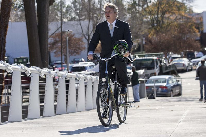 12/12/2019 — Brookhaven, Georgia — Brookhaven Mayor John Ernst rides a bicycle along the newly developed Peachtree Creek Greenway in Brookhaven, Thursday, December 12, 2019. (ALYSSA POINTER/ALYSSA.POINTER@AJC.COM)