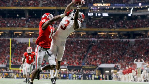 Alabama wide receiver Calvin Ridley (misses a pass in the end zone during the second half of the College Football Playoff National Championship in Atlanta earlier this year. ALYSSA POINTER/ALYSSA.POINTER@AJC.COM
