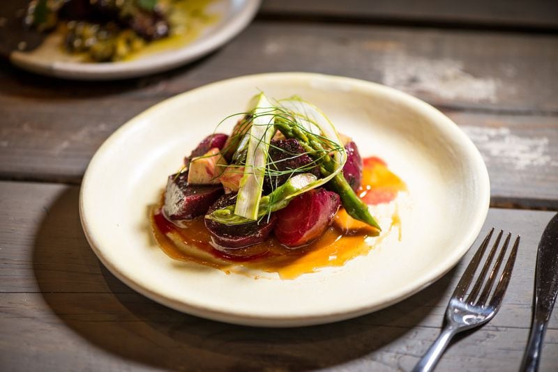 Coal Roasted Beets with avocado, chili agrodolce, peach, and asparagus. Photo credit- Mia Yakel.