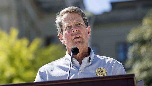 Gov. Brian Kemp makes remarks during a press conference at Liberty Plaza, across the street from the Georgia State Capitol building Monday, April 20, 2020.