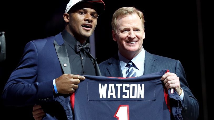 Deshaun Watson of Clemson poses with Commissioner of the National Football League Roger Goodell after being picked #12 overall by the Houston Texans during the first round of the 2017 NFL Draft at the Philadelphia Museum of Art on April 27, 2017 in Philadelphia, Pennsylvania.