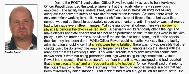 Charles Powell, a former officer at Augusta State Medical Prison, told investigators that documents were routinely falsified because there wasn't enough staff to do the required rounds. (POST file)