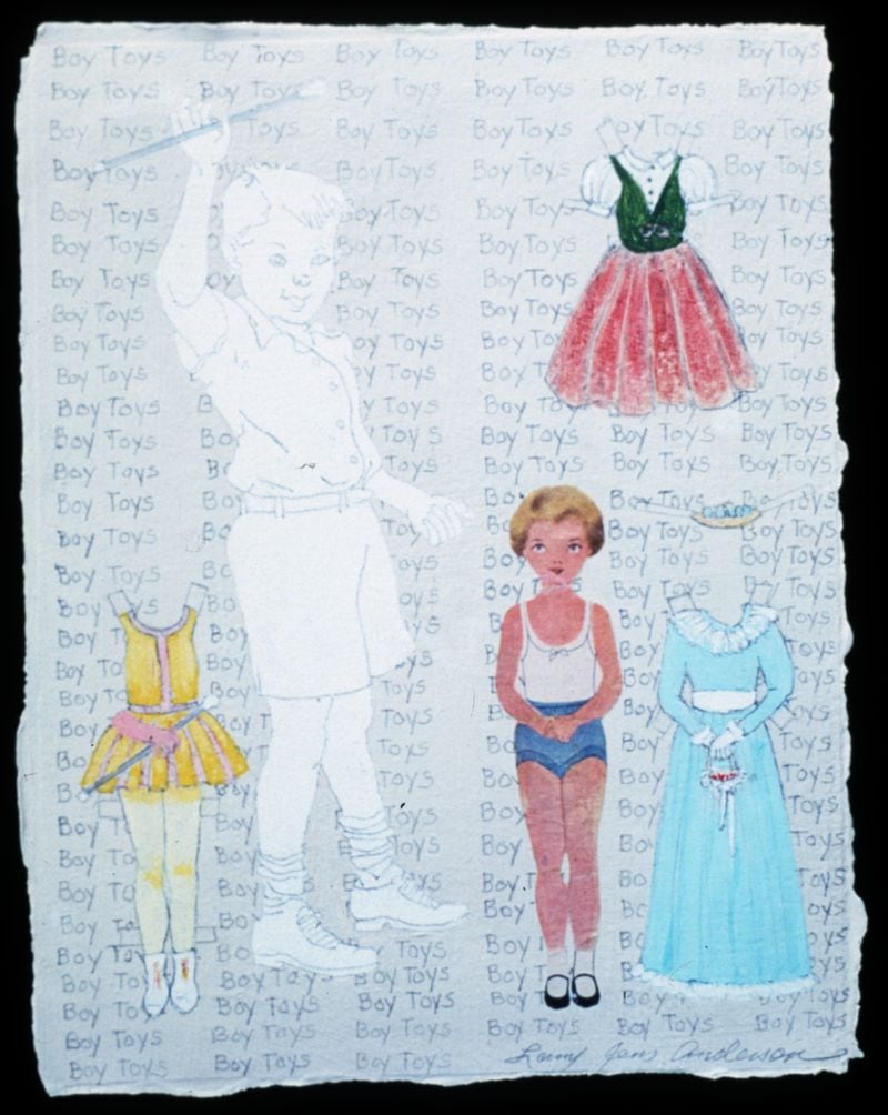 "Boy Toys" by Larry Jens Anderson, 2000,
mixed media on collaged paper.