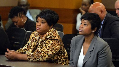 Former APS regional director Tamara Cotman (left) and former Deerwood Academy assistant principal Tabeeka Jordan sit while listening to a response to a question from the jury Tuesday afternoon. A jury of six men and six women deliberated for a third day in the Atlanta Public Schools test-cheating trial. Jurors are sorting through roughly five months of testimony against 12 former educators accused of engaging in a racketeering conspiracy to inflate test scores. (Atlanta Journal-Constitution, Kent D. Johnson, Pool)