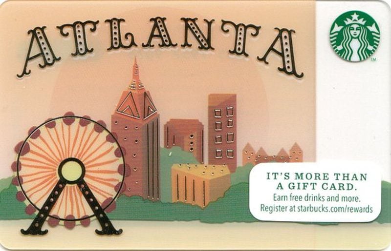 This image taken from an eBay sale shows the new Starbucks gift card featuring Atlanta, as part of the company’s “city card” collectibles series. The card, designed by Rachel Spence, a designer for Starbucks Global Creative, depicts the Bank of America Tower and other downtown buildings. But the card’s largest feature is the SkyView Ferris wheel. Other city cards depict recognizable icons such as the Brooklyn Bridge, the Lincoln Memorial or the Space Needle.