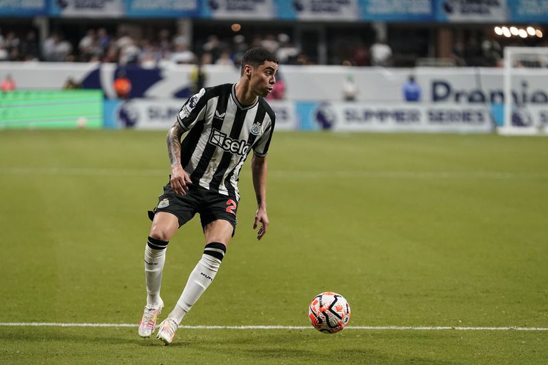 Newcastle's Miguel Almirón works with the ball before scoring a goal during a Premier League Summer Series soccer match against Chelsea on Wednesday, July 26, 2023, in Atlanta. (AP Photo/Brynn Anderson)