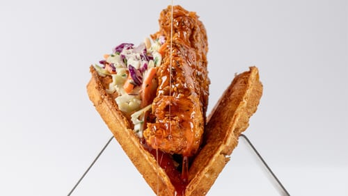 A chicken and waffle sandwich from Bruxie, set to open in Chamblee in early 2024. / Courtesy of Bruxie
