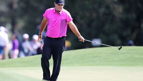 Patrick Reed reacts to his missed birdie putt, giving him par, on eight during the final round of the Masters Tournament Sunday, April 8, 2018, at Augusta National Golf Club.