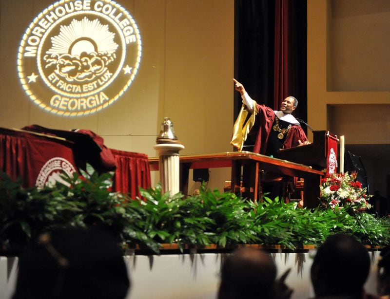 President John S. Wilson Jr. looks towards the school seal as he gives his inaugural address. Morehouse College hosted the inauguration of its 11th president John Silvanus Wilson Jr. at the Martin Luther King Jr. International Chapel, Friday, February 14, 2014. Wilson has been on the job since January 2013. Wilson is a 1979 Morehouse graduate.