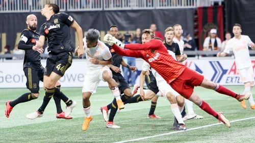 April 7, 2018.  Los Angeles goal keeper  Tyler Miller rejects a opportunity to Atlanta United Josef Martinez.rejects a