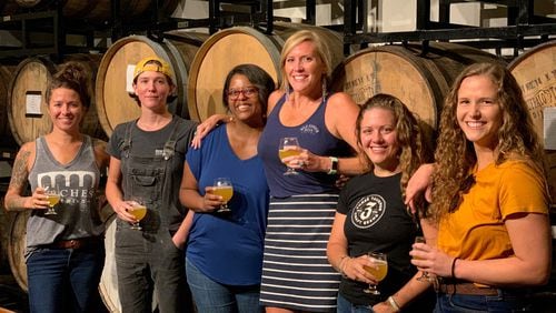 Women in the metro area’s brewing industry include (from left) Ashley Henry of Arches Brewing; Christine Stevens of New Realm Brewing; Rebecca Royster of Dames and Dregs Beer and Festival; Sarah Young of Wild Heaven Beer; Salina Copeland of Three Taverns Brewery; and Dallas Fitzgibbon of Monday Night Brewing. CONTRIBUTED BY DAMES AND DREGS