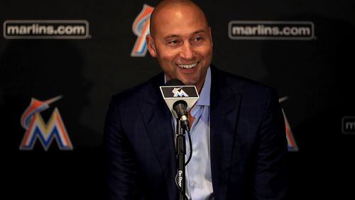 MIAMI, FL - OCTOBER 03:  Miami Marlins CEO Derek Jeter speak with members of the media at Marlins Park on October 3, 2017 in Miami, Florida.  (Photo by Mike Ehrmann/Getty Images)