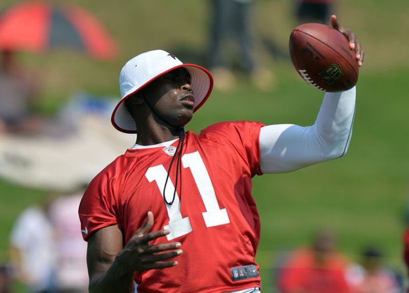 The Falcons could move quickly to get Julio Jones signed to a extension. He catching a pass at training camp in 2014. (BRANT SANDERLIN/BSANDERLIN@AJC.COM)