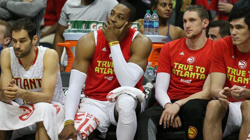 Atlanta Hawks Dwight Howard, who did not play in the fourth quarter, sits on the bench in a 115-99 loss to the Washington Wizards in game 6 of playoff series on Friday, April 28, 2017, in Atlanta. Howard was stopped by police for speeding after the game.
