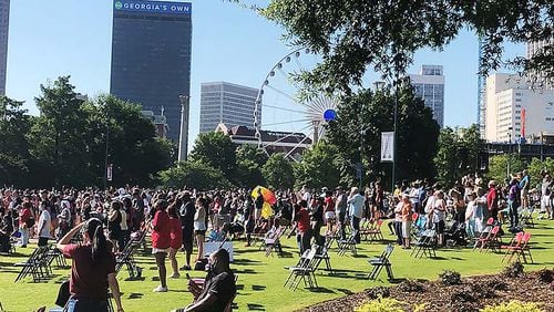 Roughly 500 people gathered inside Centennial Olympic Park for a daylong worship event and march amid Black Lives Matter protests calling for police reform and a measured end to police brutality against black people.
The event, March on Atlanta, coincided with Juneteenth, a holiday garnering wider national attention and a day marking the last slaves in Texas were freed. But for many attendees, the holiday also represents a day of protest.