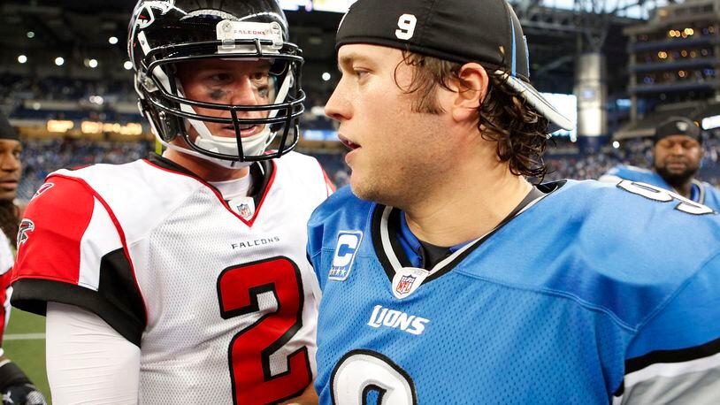 Back in 2017, Falcons QB Matt Ryan and Matthew Stafford, then of the Lions, do the postgame handshake thing.  (Photo by Leon Halip/Getty Images)