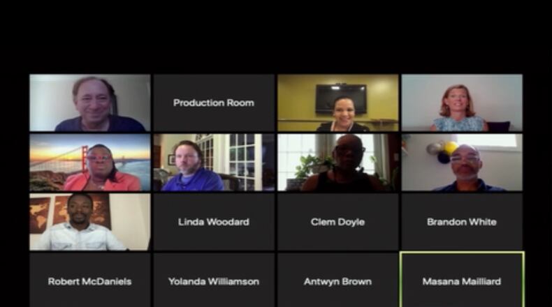 A screenshot from the July 13 DeKalb County Board of Education meeting shows members of the board and Superintendent Cheryl Watson-Harris, second from right, discussing district business.