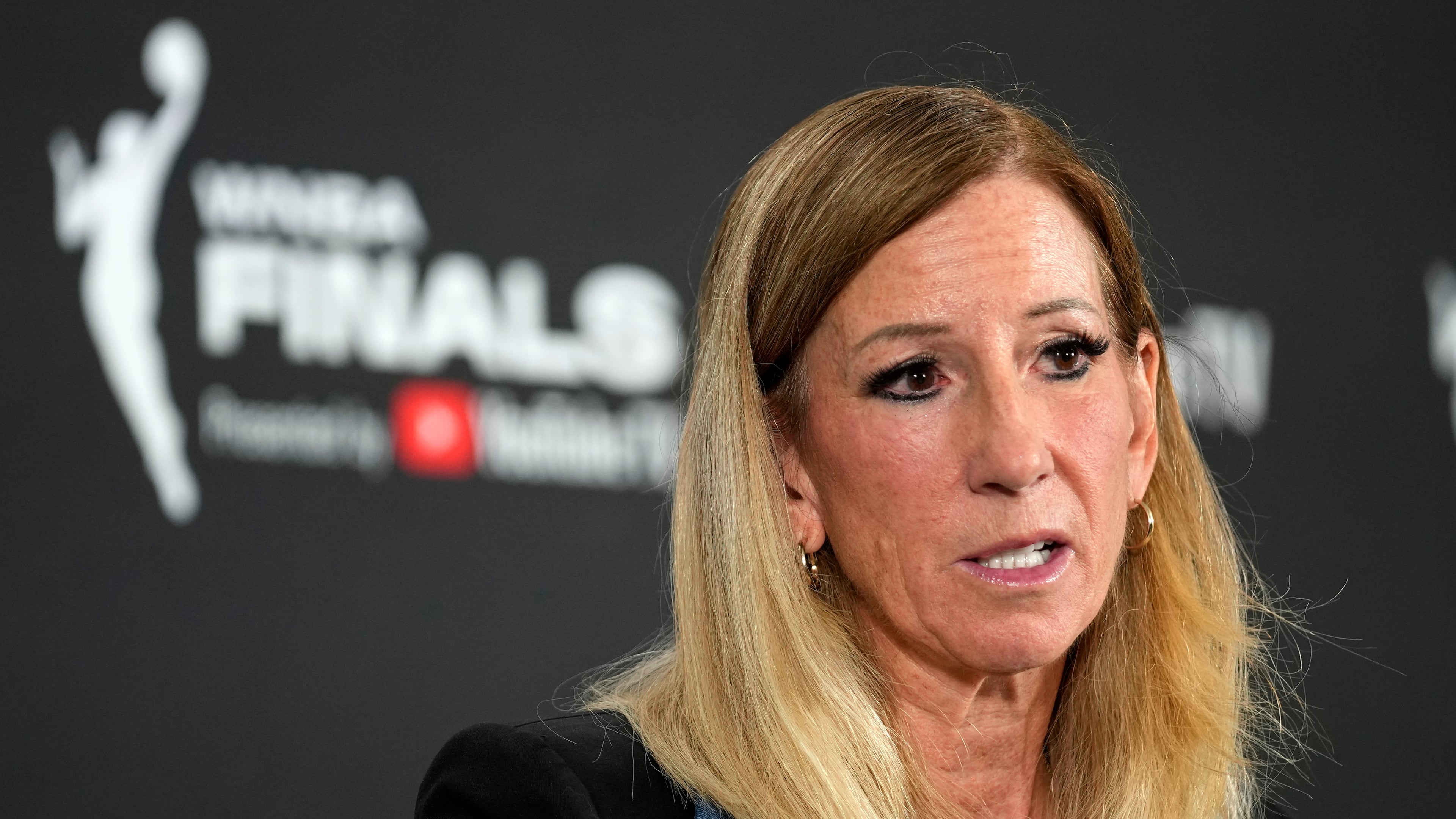 WNBA commissioner Cathy Engelbert speaks prior to Game 1 of a WNBA basketball final playoff series between the Las Vegas Aces and the Phoenix Mercury, Friday, Oct. 3, 2025, in Las Vegas. (AP Photo/John Locher)