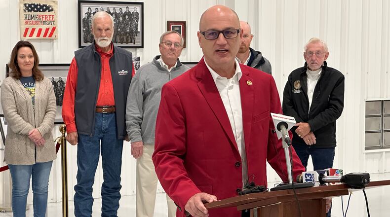 Denny Hoskins, Missouri's secretary of state, speaks to reporters at a campaign event on Nov. 4, 2024, inside a building at the Jefferson City Memorial Airport in Missouri. (AP Photo/David A. Lieb)