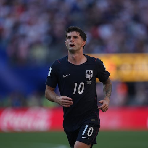 FILE - United States' Christian Pulisic plays during the World Cup round of 16 soccer match between the United States and Belgium in Seattle, July 6, 2026. (AP Photo/Abbie Parr, File)
