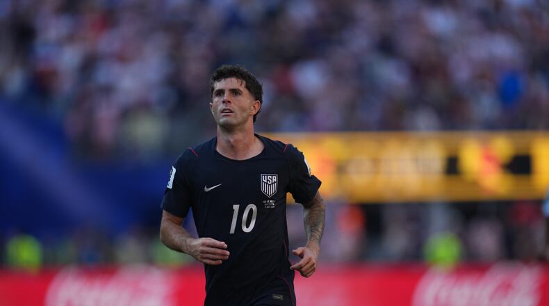 FILE - United States' Christian Pulisic plays during the World Cup round of 16 soccer match between the United States and Belgium in Seattle, July 6, 2026. (AP Photo/Abbie Parr, File)