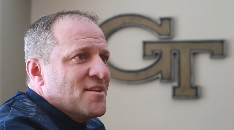 Georgia Tech tight ends coach Chris Wiesehan takes questions during a media session at Bobby Dodd Stadium on Thursday, Jan. 10, 2019. Credit: Curtis Compton/ccompton@ajc.com