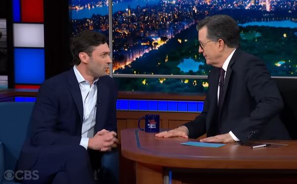 U.S. Sen. Jon Ossoff, D-Ga., appeared on "The Late Show With Stephen Colbert" on Wednesday. (Screenshot/CBS)