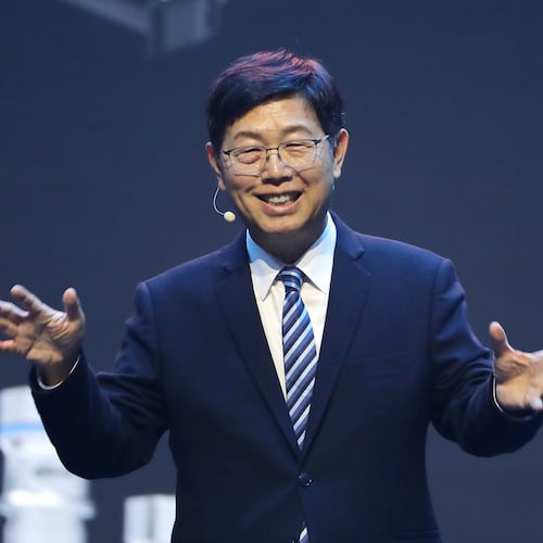 Foxconn Chairman Young Liu delivers a speech during the Hon Hai Tech Day (HHTD 25) at the Nangang Exhibition Center in Taipei, Taiwan, Friday, Nov. 21, 2025. (AP Photo/Chiang Ying-ying)