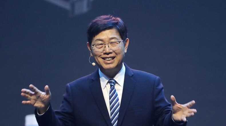 Foxconn Chairman Young Liu delivers a speech during the Hon Hai Tech Day (HHTD 25) at the Nangang Exhibition Center in Taipei, Taiwan, Friday, Nov. 21, 2025. (AP Photo/Chiang Ying-ying)