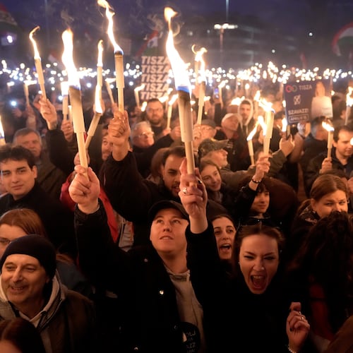 Supporters attend a final election rally of Peter Magyar, the leader of the opposition Tisza party in Debrecen, Hungary, Saturday, April 11, 2026. (AP Photo/Darko Bandic)