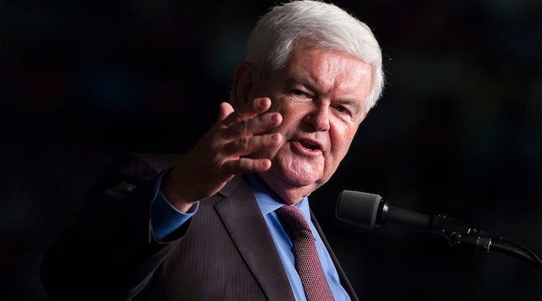 In this photo taken Sept. 19, 2016 file photo, former House Speaker Newt Gingrich introduces Republican presidential candidate Donald Trump during a campaign rally in Ft. Myers, Fla.  (AP Photo/ Evan Vucci)