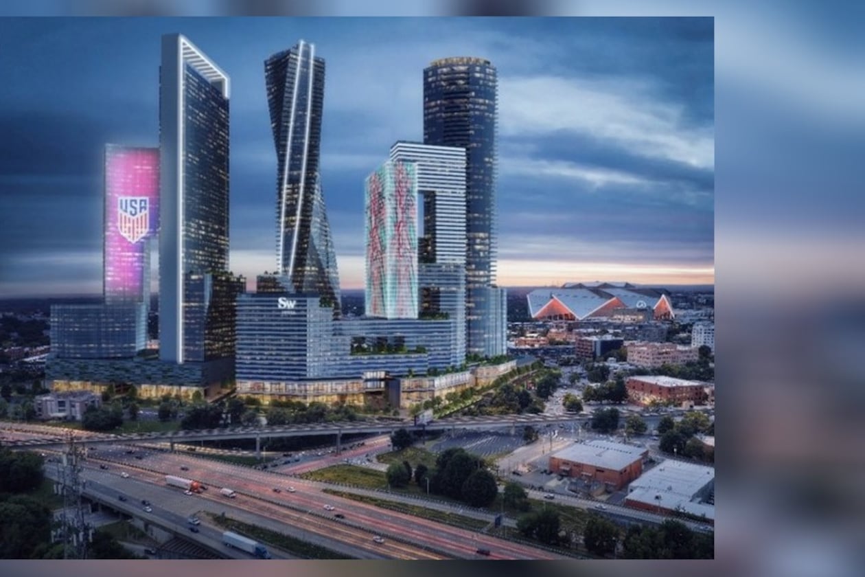 This is a rendering released in October of the Forge Atlanta project, which is envisioned for a 10-acre site between downtown Atlanta and Castleberry Hill. This is the third effort to develop the property into a high-rise district. (Courtesy of Forge Atlanta Asset Management)