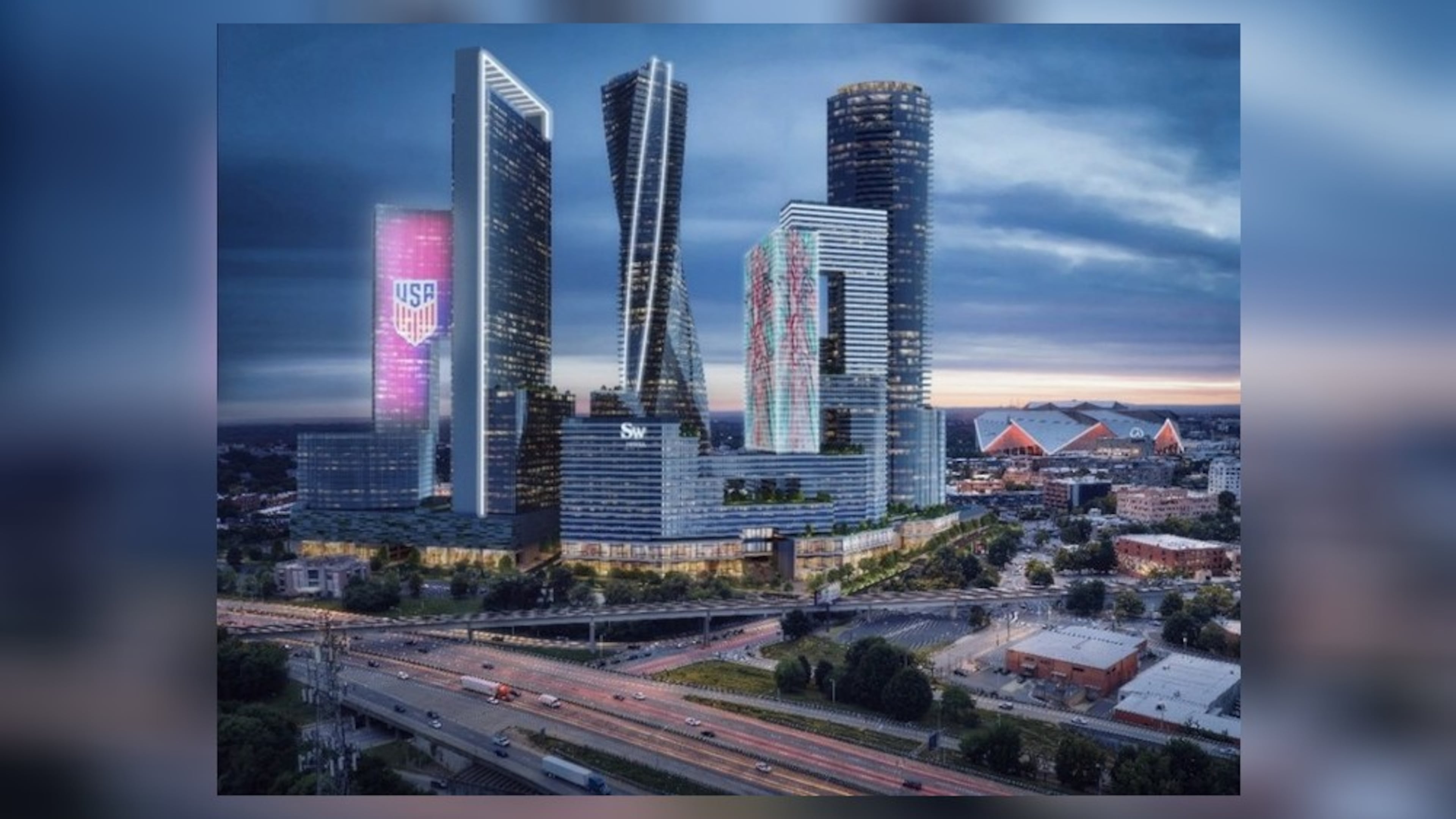 This is a rendering released in October of the Forge Atlanta project, which is envisioned for a 10-acre site between downtown Atlanta and Castleberry Hill. This is the third effort to develop the property into a high-rise district. (Courtesy of Forge Atlanta Asset Management)