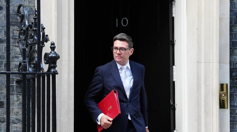 Britain's Prime Minister Andy Burnham leaves 10 Downing Street, London, Tuesday, Sept. 1, 2026. (Stefan Rousseau/PA via AP)