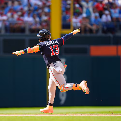 Atlanta Braves' Ronald Acuña Jr. reacts after hitting a three-run home run off Philadelphia Phillies pitcher Alex McFarlane during the eighth inning of a baseball game, Sunday, Sept. 6, 2026, in Philadelphia. (AP Photo/Derik Hamilton)