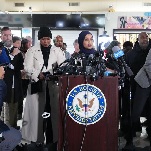 Rep. Ilhan Omar, D-Minn., speaks during a press conference on Wednesday, Jan. 28, 2026, in Minneapolis. (AP Photo/Adam Gray)