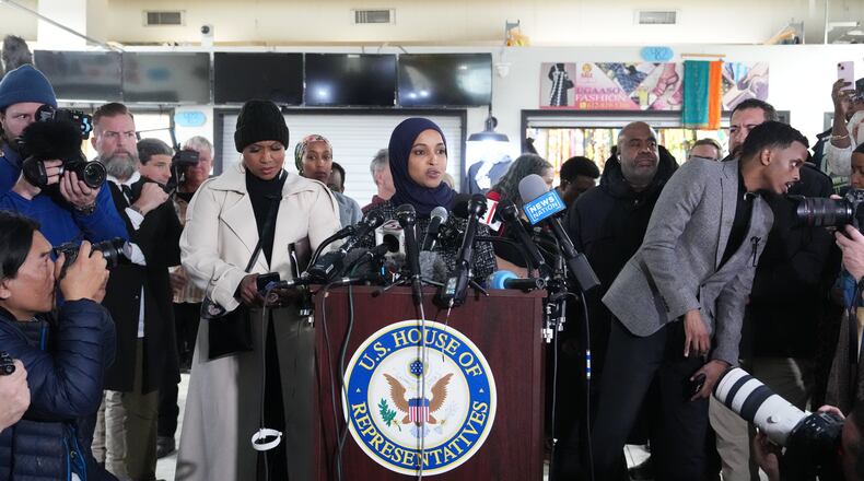 Rep. Ilhan Omar, D-Minn., speaks during a press conference on Wednesday, Jan. 28, 2026, in Minneapolis. (AP Photo/Adam Gray)