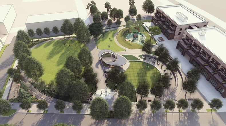 Landscape architect firm SITE solutions is currently working with Fabric Developers and the City of Avondale Estates to create a new town green envisioned as a catalyst for development and a new center for the surrounding community. This rendering shows the planned space. CONTRIBUTED