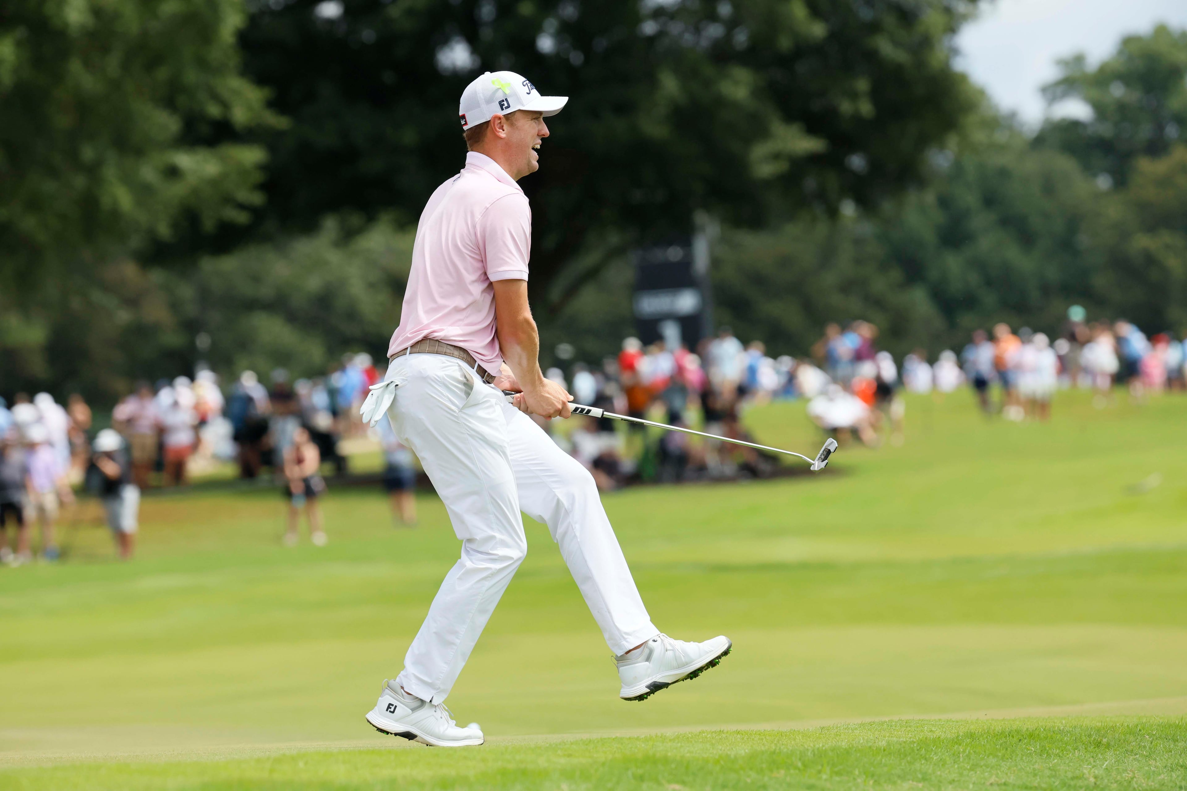 Justin Thomas reacts after missing a putt on the third hole during the final round of the PGA Tour Championship at East Lake Golf Club, on Sunday, Aug. 24, 2025, in Atlanta. (Miguel Martinez/ AJC)(Miguel Martinez/ AJC)