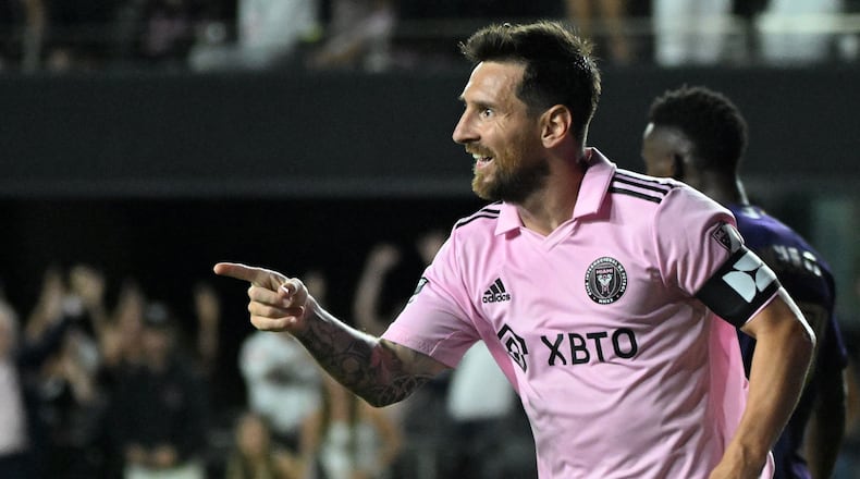 Inter Miami's Argentine forward Lionel Messi celebrates scoring his team's third goal during the round of 32 Leagues Cup football match between Inter Miami CF and Orlando City SC at DRV PNK Stadium in Fort Lauderdale, Florida, on Aug. 2, 2023. (Giorgio Viera/AFP/Getty Images/TNS)