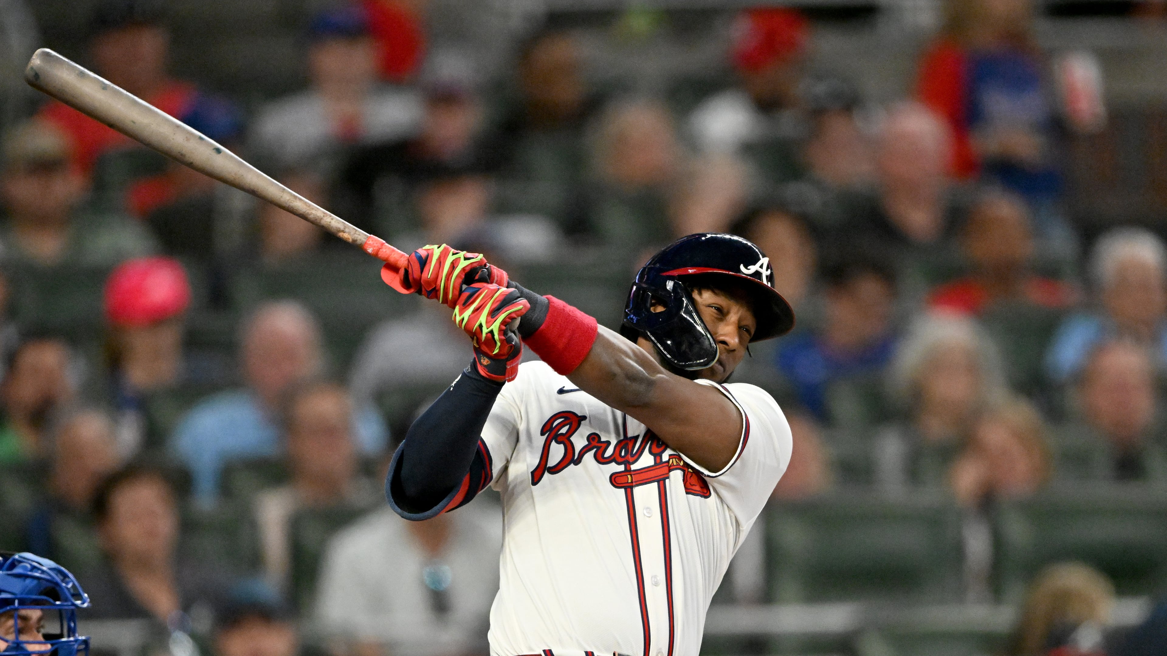 Atlanta Braves outfielder Jurickson Profar hits an RBI single to score outfielder Ronald Acuña Jr. during the third inning of a baseball game at Truist Park, Tuesday, September 9, 2025, in Atlanta. (Hyosub Shin/AJC)