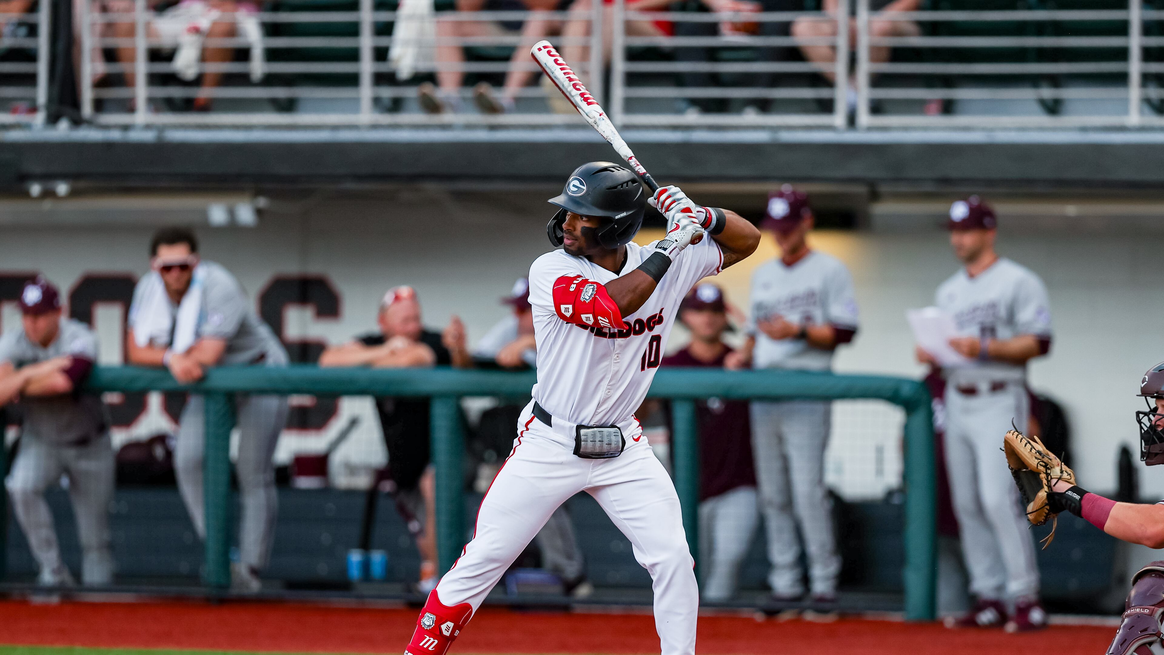Georgia outfielder/infielder Robbie Burnett (10) bats during Georgia’s game against Texas A&M at Foley Field in Athens, May 15, 2025. (Conor Dillon/UGAAA)