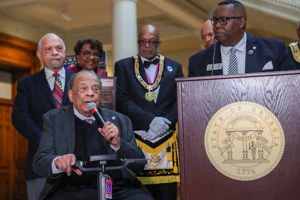 Former U.S. Ambassador and Atlanta Mayor Andrew Young speaks at an event honoring “The Original 33” at the Capitol in Atlanta on Wednesday, February 25, 2026. After the Civil War, 33 Black men were elected to Georgia’s General Assembly but expelled by White lawmakers within months. (Arvin Temkar/AJC)