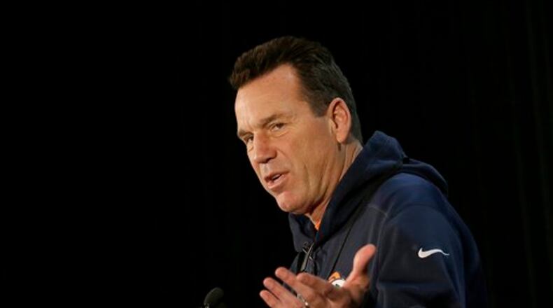 Denver Broncos head coach Gary Kubiak speaks to reporters in Santa Clara, Calif., Tuesday, Feb. 2, 2016. The Denver Broncos will play the Carolina Panthers in Super Bowl 50 Sunday, Feb. 7, 2016. (AP Photo/Jeff Chiu)