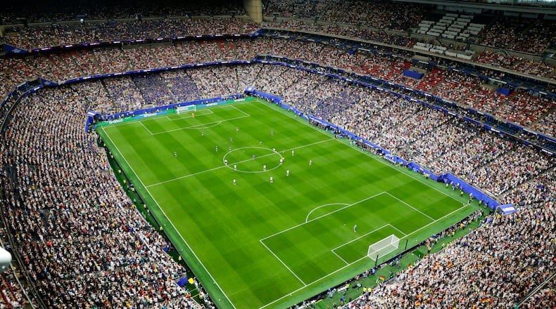 The pitch is seen in this general view during the World Cup Group E soccer match between Germany and Curacao in Houston, Sunday, June 14, 2026. (AP Photo/Michael Wyke)